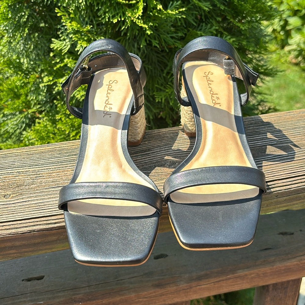 Splendid Keeva Sandal. Black Espadrille Block Heel. Leather.